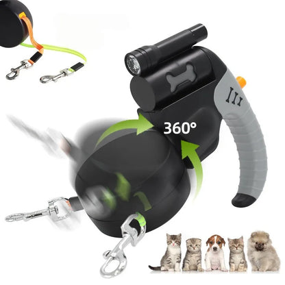 Auto Retractable Double-Headed Dog Leash 3M Rope for 2 Dogs with LED Flashlight 360 Degree Dual Traction Rope Pet Supplies