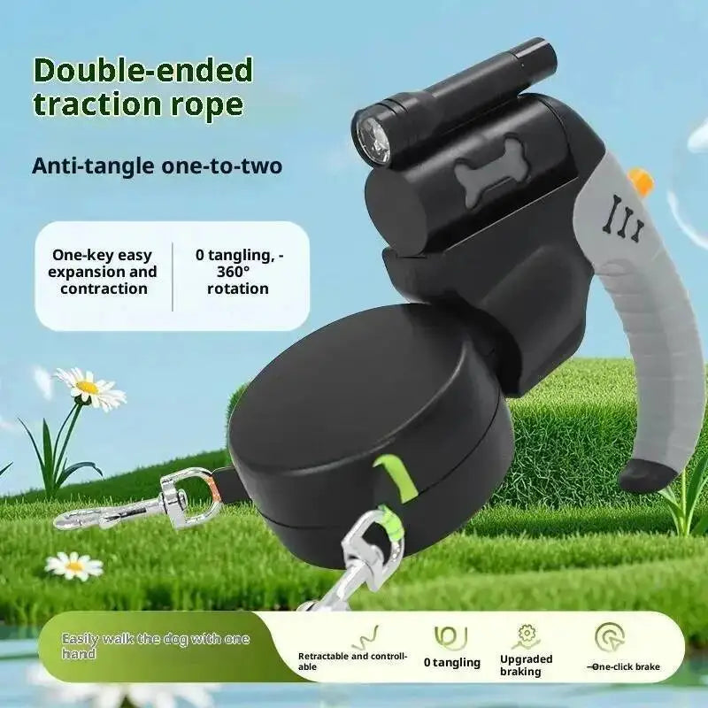 Auto Retractable Double-Headed Dog Leash 3M Rope for 2 Dogs with LED Flashlight 360 Degree Dual Traction Rope Pet Supplies