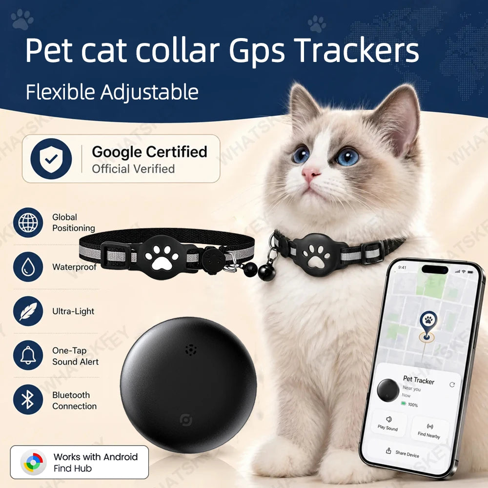 Bluetooth GPS Tracker Woeks with Google Find My (Android Only) Waterproof Smart Tracker Tag with Adjustable Collar for Cats, Pet